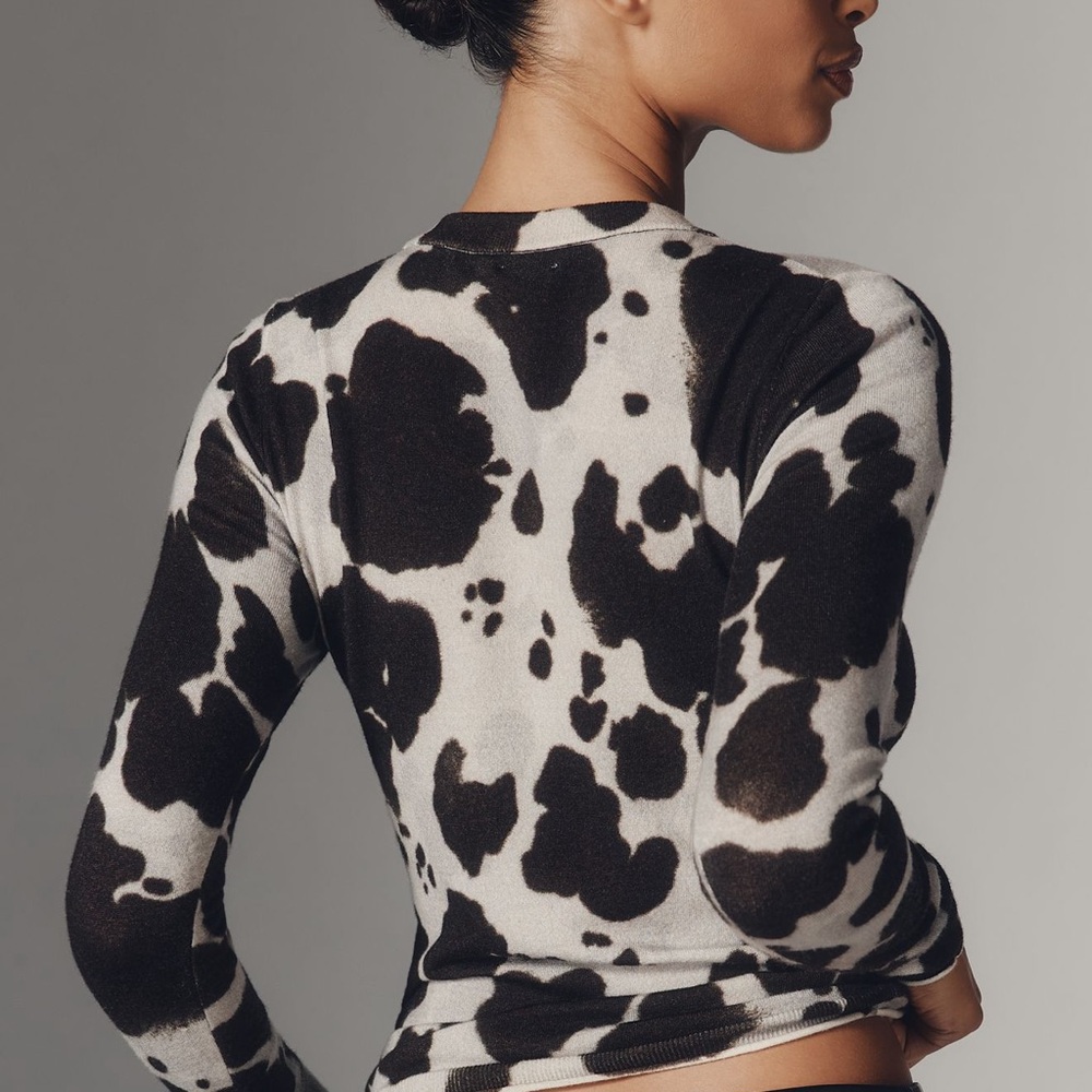 Maeve cow print crew neck grey and brown sweater